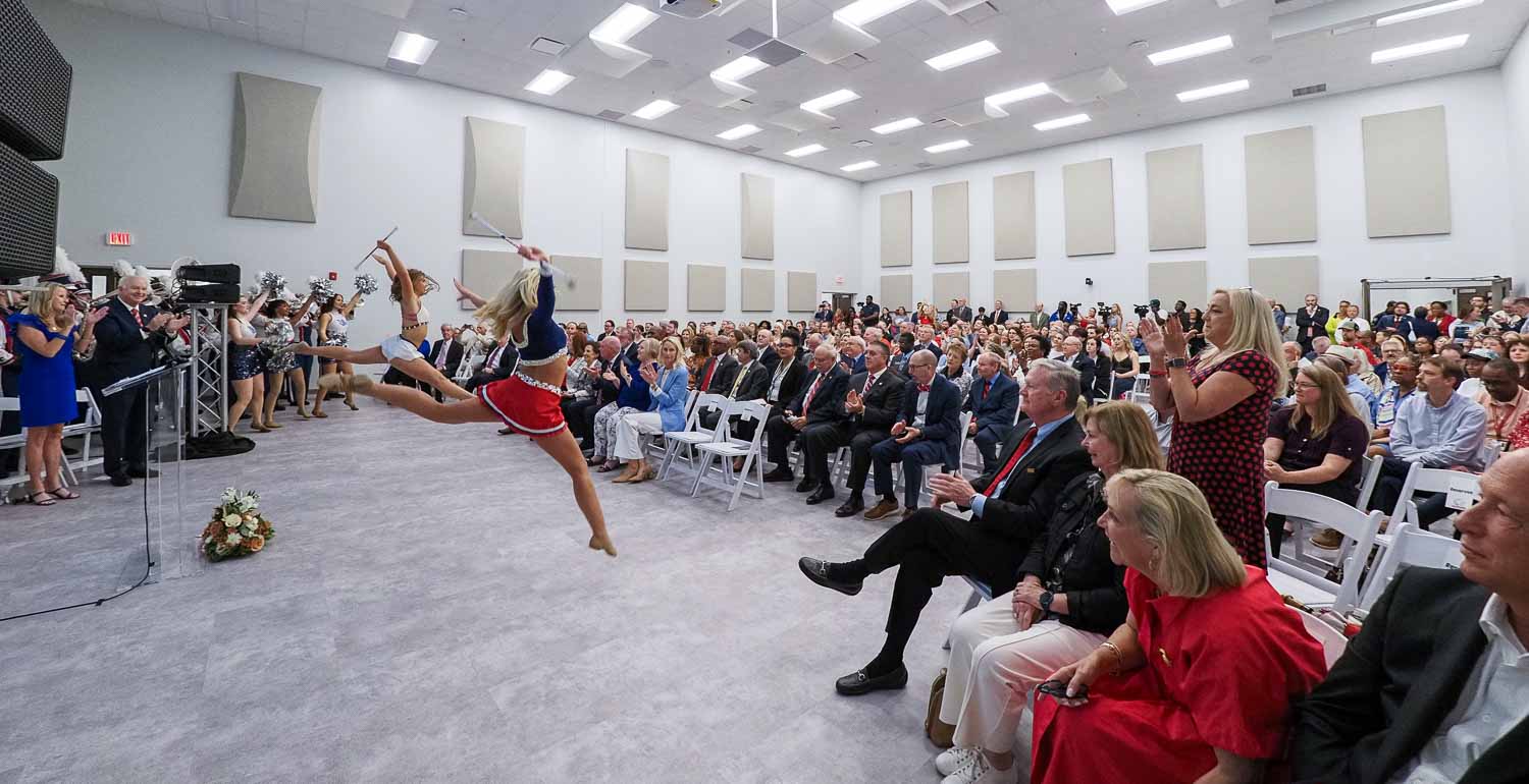 Dedication of the Geri and Gordon Moulton Jaguar Marching Band Complex with the band performing. data-lightbox='featured'